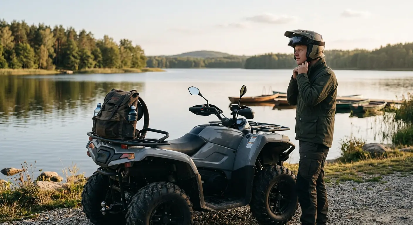 Kierowca zapina kask obok quada ATV przygotowanego do wyprawy nad jeziorem.