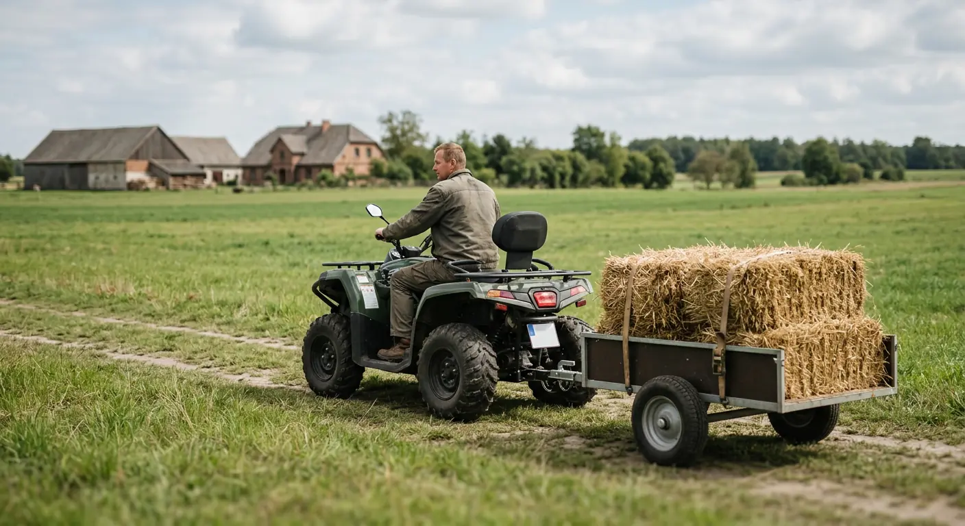 Quad CFMOTO z przyczepą przewożącą bele siana w gospodarstwie