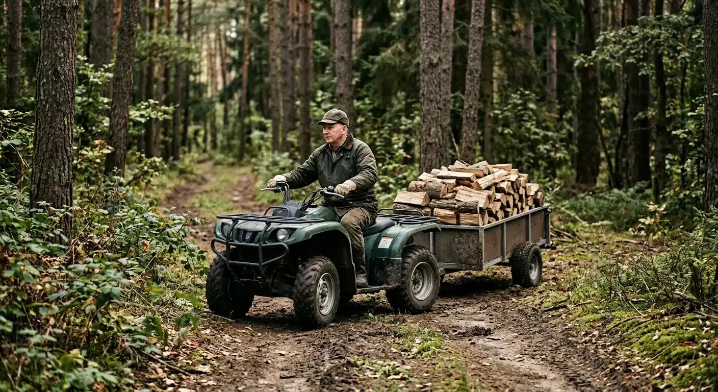 Quad GOES Terrox z przyczepą do transportu drewna w lesie