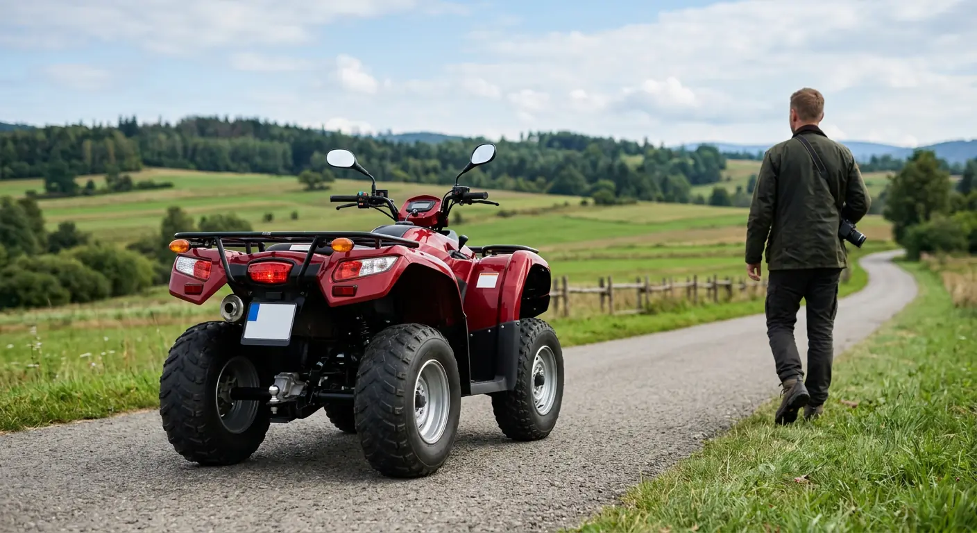Quad z tablicą rejestracyjną zaparkowany przy drodze publicznej.