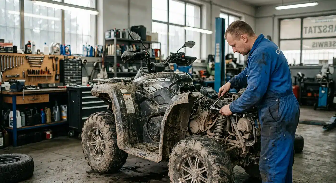 Mechanik wykonuje serwis zabrudzonego quada CFMOTO CFORCE w warsztacie.