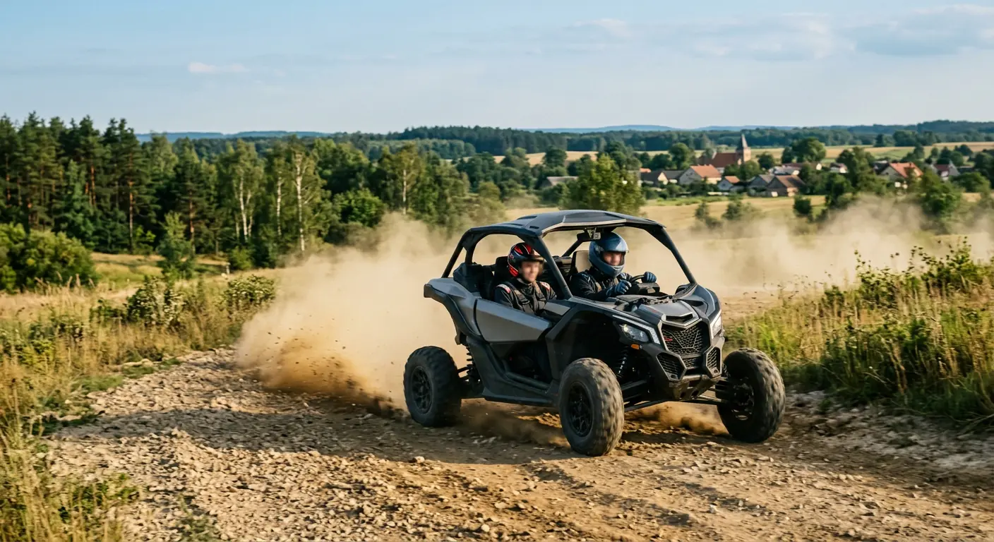 Sportowy pojazd SSV z dwiema osobami podczas dynamicznej jazdy po szutrowej trasie.