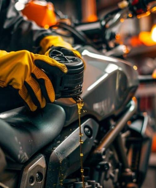 Mechanik w rękawicach przygotowujący motocykl do wymiany oleju